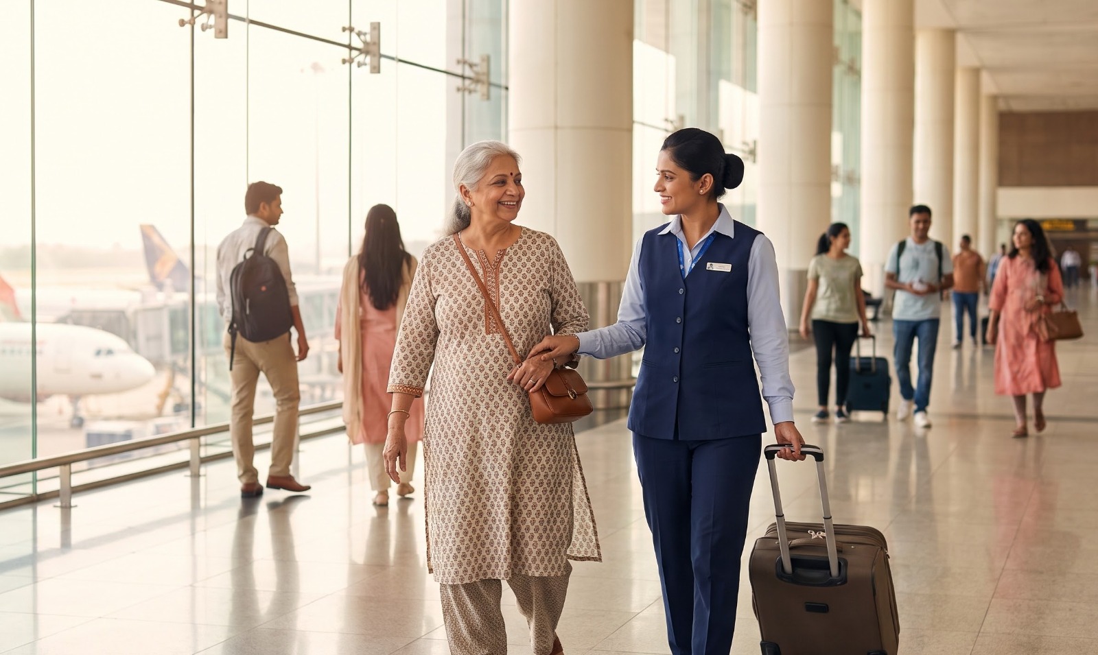 Airport assistance staff helping a senior woman with her luggage at the terminal